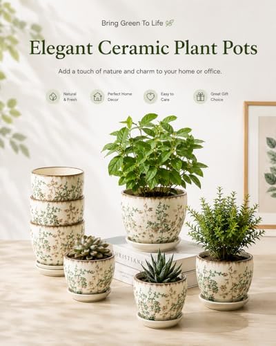 Ceramic Plant Pots, Vintage Succulent Pots, Plant Pots Indoor Set of 4, Planters with Drainage and Attached Saucer, 4.8 Inch Floral Flower Pots for Home Decor, Plant Lover Gifts - Image 3