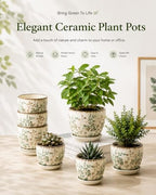 Retro Ceramic Garden Pots, 5.8 Inch Plant Pots with Drainage and Attached Saucer Set of 4, Chinoiserie Floral Large Flower Pots for Home Decor, Plant Lover Gifts, White Green - Image 6