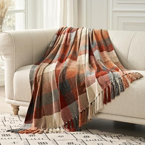 EverGrace Plaid Chenille Fall Throw Blanket, 50"x60", Harvest Orange Plaid by EVERGRACE