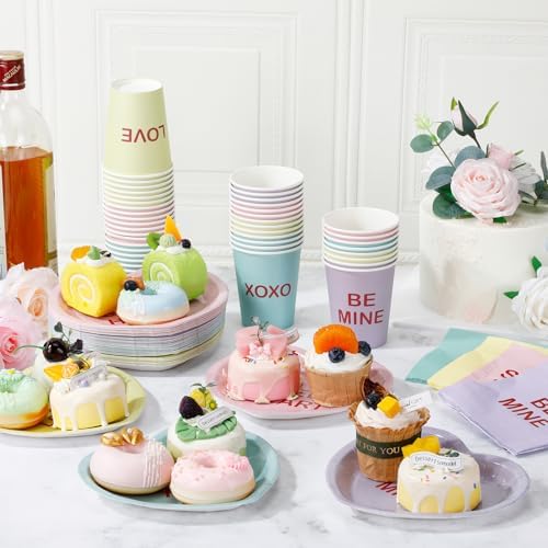 Maxcheck 196 Pcs Conversation Heart Party Supplies Valentine's Day Party Tableware Decorations Heart Disposable Paper Plates Napkins Cups for Valentine Anniversary Birthday Wedding, Serves 48(Pastel) - Image 3