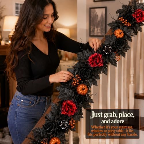 Grooy Halloween Garland 6FT, Red Rose Pumpkin Vine for Door Wall Decor - Image 7