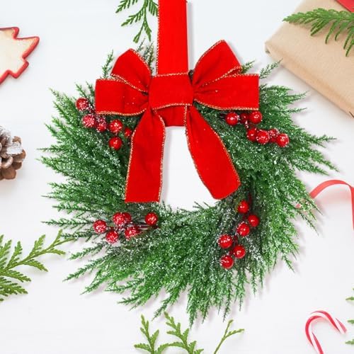 YoleShy 6 Pcs Small Christmas Wreath 12'' Mini Wreaths for Kitchen Cabinet Wreaths with Berry & Red Velvet Bow Ribbon Window Wreath Christmas Xmas Farmhouse Decoration for Front Door Chair Wall - Image 7