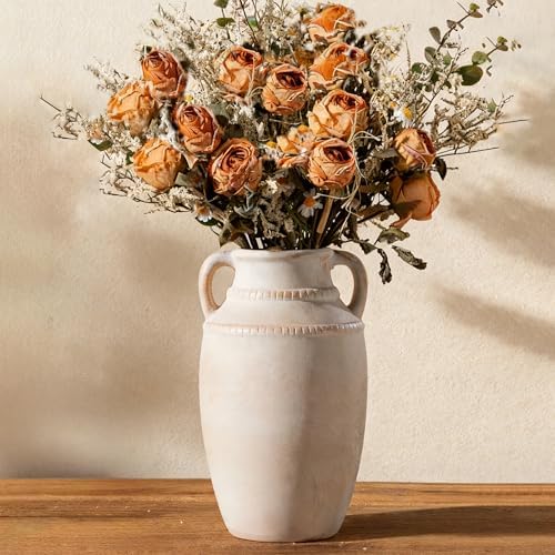 Lvases 10.5in Beige Ceramic Flower Vase, with Handles Farmhouse Table Vases by modernhomedecoration