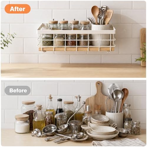 TJ.MOREE Small Metal Wire Basket, Decorative Wood Base Organizer for Bathroom, Kitchen, Basket for Toilet Paper Storage, Sugar Packet, Coffee Syrup, Guest Towel Napkin, White 2-Pack - Image 4