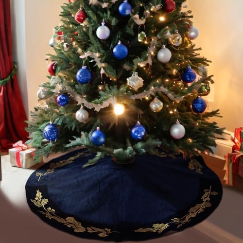 36 Inch Christmas Tree Skirt Velvet Xmas Tree Skirt with Gold Embroidery Holly Leaf Decorations for Christmas Party Favors Holiday New Year Decor(Blue) - Image 3