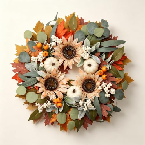 zjlmit 22" Fall Wreaths for Front Door with Pumpkin Sunflower Maple Leaf - Image 2