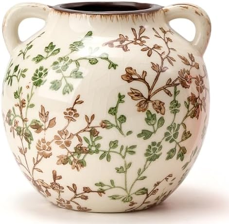 Green and Beige Antique Vase, 5.6 Inch Vintage Chinoiserie Floral Vase, Rustic Ceramic Vase for Home Decor, Living Room, Bookshelf, Office, Entryway, Garden, Chinoiserie Decor, Tuscan Decor by PORCER
