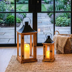 TRIROCKS Set of 2 Wooden Candle Lantern 15/22.5" H Candle Holder Brown - Image 4