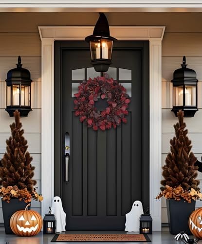 Artificial Fall Leaf Wreath for Front Door – 20" Autumn Wreath with Lifelike Fagus Sylvatica Foliages – Burgundy Red – Rustic Thanksgiving & Halloween Decoration for Indoor & Outdoor - Image 4