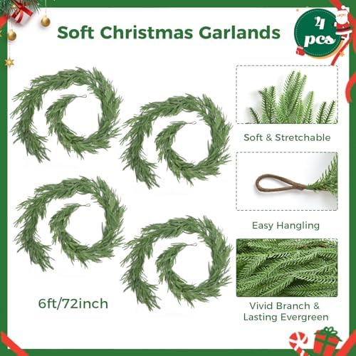 6 FT 4Pcs Christmas Norfolk Pine Garlands, Real Touch Pine Garland, Winter Artificial Greenery Xmas Garland for Holiday, Table, Wall, Fireplace, Mantel, Indoor & Outdoor Decoration (4 Pack, 6 FT) - Image 3