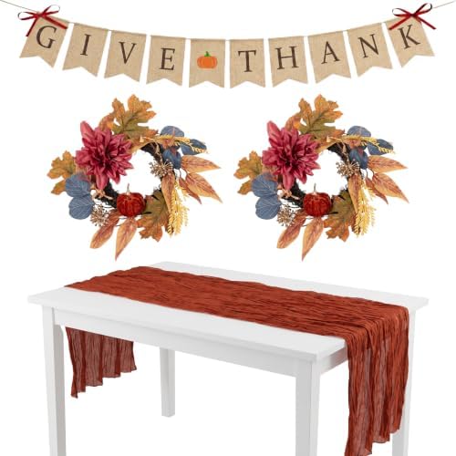 12 Inch Fall Wreaths for Front Door Set of 2, Artificial Pumpkin Dahlia Autumn Wreath with Table Runner & Bunting Banner, Farmhouse Thanksgiving Harvest Decor by Unknown