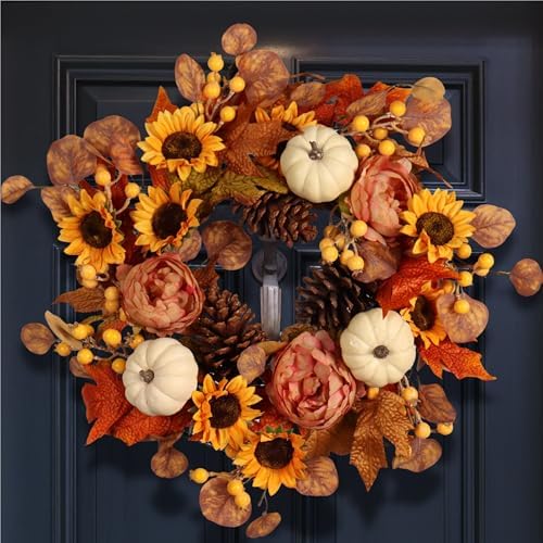 Artificial Fall Autumn Wreath 22 in with Sunflower,Peony,Pumpkin, Eucalyptus Leaf for Front Door Thanksgiving Wreaths Wall Window Harvest Festival Celebration by Pudate