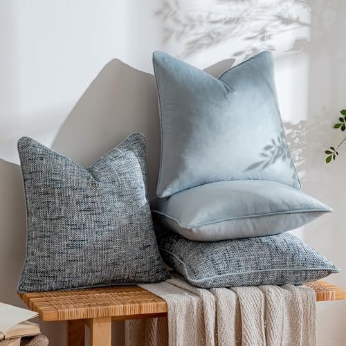 a moment Light Blue 4 Pack Throw Pillow Covers - Chenille & Velvet Set with Piping, Farmhouse Textured Design Pillow Cases for Couch Sofa Bed Livingroom (18x18 Inch, No Insert) - Image 3