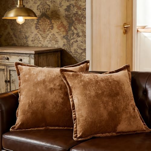 Luxurious Velvet Euro Shams Decorative Throw Pillow Covers 26x26 Set of 2 Solid Square Euro Pillow Shams for Sofa Couch Bedroom, Caramel - Image 4