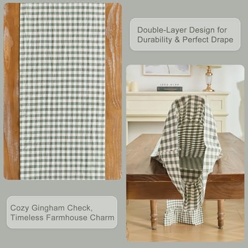 Sage Green Gingham Plaid Ruffle Table Runner 90 Inches Long, 100% Washed Cotton Double Layer Farmhouse Dining Decor for Holiday, Home Party Wedding, 13 x 90 inches - Image 3
