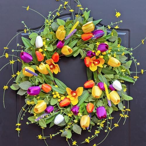 Spring Wreaths for Front Door 24 Inch,Spring Summer Wreath with Colorful Tulip,Eucalyptus and Ferns,Tulip Wreath for Indoor Outdoor Farmhouse Home Porch Wall Decor by wreathqueen