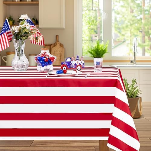 Fanqisi 2 Packs Red and White Striped Tablecloth 57 x 84 Inch Waterproof Patriotic Table Cloth Rectangle Table Cover for Birthday Baby Shower Wedding Outdoor Summer Party Decoration - Image 4