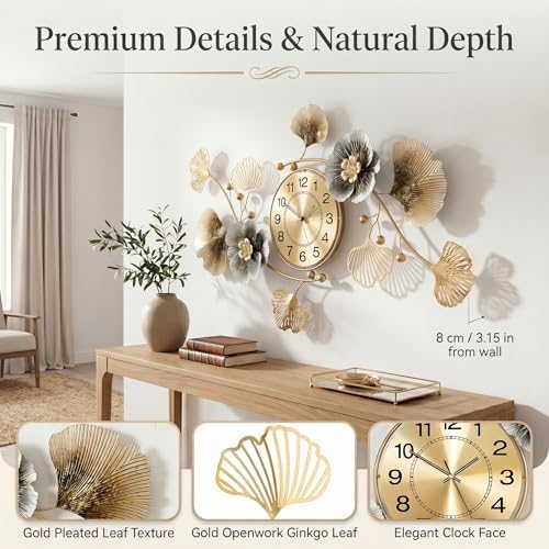 47" 3D Ginkgo Leaf Metal Wall Clock for Home Wall Decor - Image 4