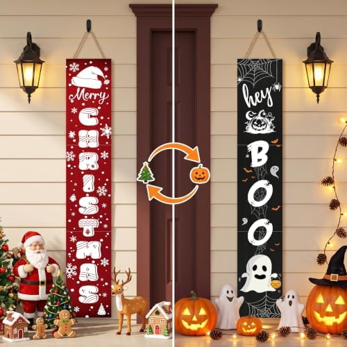 2 in 1 Halloween Porch Sign Decor 47" Double Side Christmas Sign for Porch by QZV