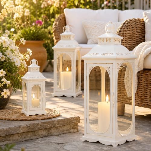 TRIROCKS Set of 3 Vintage Candle Lanterns 10/14/19.5'' High Decorative Outdoor Lantern Metal Candle Holder with Tempered Glass for Home Living Room Garden Yard Parties Events Indoors Outdoors (White) - Image 2