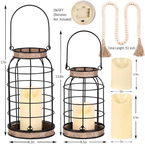 Rustic Farmhouse Candle Lantern, 2Pcs Decorative Lantern Decor with Candles - Image 2
