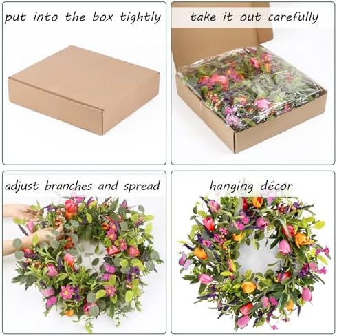 24" Wreaths for Front Door, Wreath with Tulip Wreath, Butterfly, Lavender and Eucalyptus, Vivid Artificial Floral for Wall Window Farmhouse Party Holiday Home Décor - Image 5