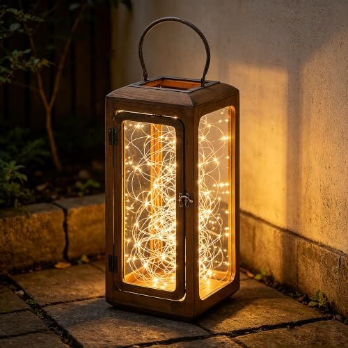 18" High Decorative Wood and Glass Lantern with Metal Handle, Brown Whitewash, Candle Holder (Brown, Large) - Image 4