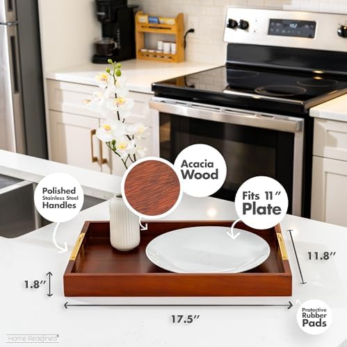 Acacia Wood Serving Tray with Polished Gold Stainless Steel Metal Handles, 17.5x12in, Ottoman Food Drinks Coffee Table, Breakfast, Dinner & Bar, Kitchen, Bedroom, Gift, Luxury Tray. Mens Display. - Image 3