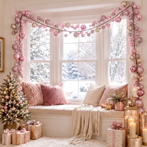2 Pcs 6 ft Christmas Ball Ornament Garland, Pink, Champagne Gold - Image 6