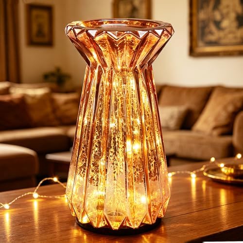 Home Decor, Mercury Glass Pillar Candle Pedestal Holders with led Lights, Lighted up Candle Holder for Pillar Candle, Glass Candlestick Holders with Timer for Wedding Dining Table Xmas (Rosegold) by CFDECORCandlesandHolders
