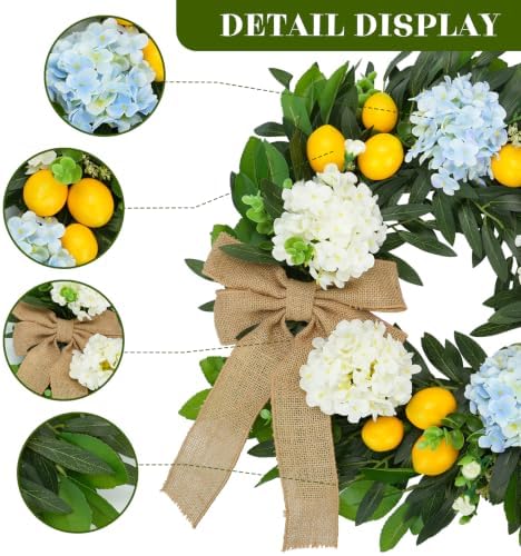 22 Inch Lemon Wreath for Front Door, Spring Summer Wreaths for Outside with Hydrangeas, Greenery and Burlap Bow, Artificial Citrus Floral Wreath for Farmhouse Porch Wall Window Kitchen Decor - Image 6