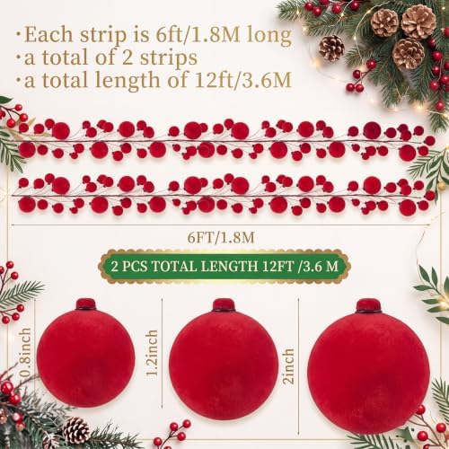 2 Pcs 6 ft Red Velvet Christmas Ball Ornament Garland - Image 2