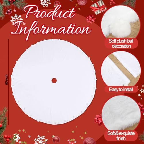 Libima Large White Faux Fur Christmas Tree Skirt with Pom Poms,60 Inch - Image 2