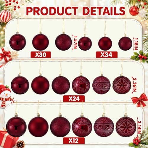 100 Pcs Burgundy Christmas Ball Ornaments for Tree, 6 Styles in 4 Sizes - Image 3