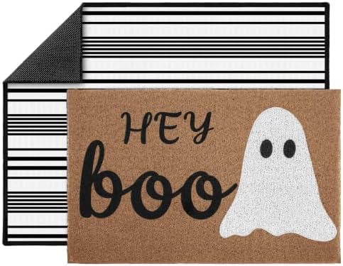 2 Pcs Hey Boo Ghost Halloween Doormats, 16 x 24 in Hey Boo Ghost Door Mat and 24 x 32 in Black White Striped Layering Rug, Fall Porch Decor for Indoor Outdoor Entryway Patio Kitchen Bathroom by Unknown