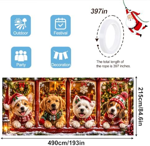 Cute Christmas Dogs Garage Door Banner Mural - Funny Puppies in Window Holiday Backdrop - Large 7x16ft Winter Holiday Outdoor Wall Decor - Durable Weatherproof Fabric Cover for Home Xmas Party - Image 2