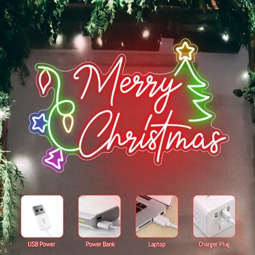 Merry Christmas Neon Sign LED Decor Dimmable Tree Neon Light up Sign for Bar Pub Club Home Bedroom Office Restaurant Christmas Home Indoor New Year Party (19.6 * 13.7 In) - Image 6