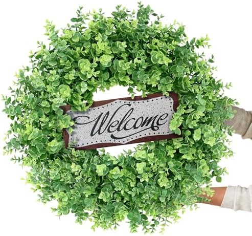 26" Artificial Eucalyptus Wreath with Welcome Sign for Front Door(Green) - Image 6