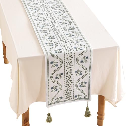ISAENNE Designer French Linen Long Table Runner,102"x12"-Mosella D by Isaennehomedecoration