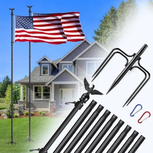 LETSTRY 12 FT In-Ground Flag Pole for Outside House, Heavy Duty Wind Resistant Flagpole with Upgraded 5-Prong Base,Portable Mount Flapoles Kit for Yard, Garden, Residential Commerical (Black/ 2 Pack) by LETSTRYHOME