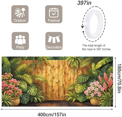 6X13FT Summer Bamboo Fence Tropical FlowersGarage Door Cover Decorations Tropical Leaves Garage Door Banner for Outdoor Indoor Summer Party Photography Backdrop - Image 2