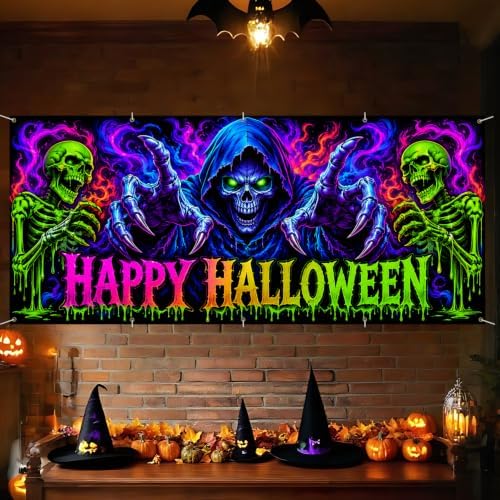7x16FT Halloween Blacklight Neon Garage Door Cover Decorations happy Halloween Skull Garage Door Banner for Outdoor Indoor Halloween Decorations Party Photography Backdrop - Image 6