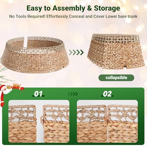ELYKEN 42 Inch Woven Rattan Christmas Tree Collar, Stylish Seagrass & Water Hyacinth Xmas Tree Skirt for Artificial Trees, Wicker Tree Base Cover with Cord Cut-Out Farmhouse Tree Ring for Home Decor - Image 5