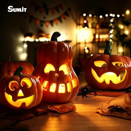Sunlit Ceramic Pumpkin with 3 Tea Lights, Jack O Lantern Candle Holder Set of 3, Tabletop Indoor Halloween Decorations for Holiday Party Home - Image 2