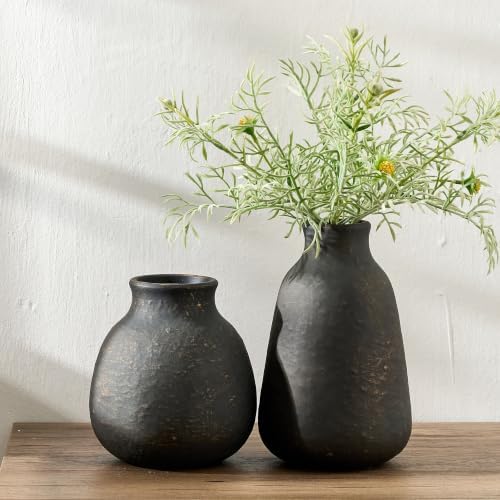 Ceramic Vase Set of 2 for Home Decor, 6.1"+8.23" Handcrafted Black Bronze Rustic Terracotta Vases, Vintage Farmhouse Decor, Minimalist Decorative Vases for Table Centerpiece Fireplace Nightstand by PORCER