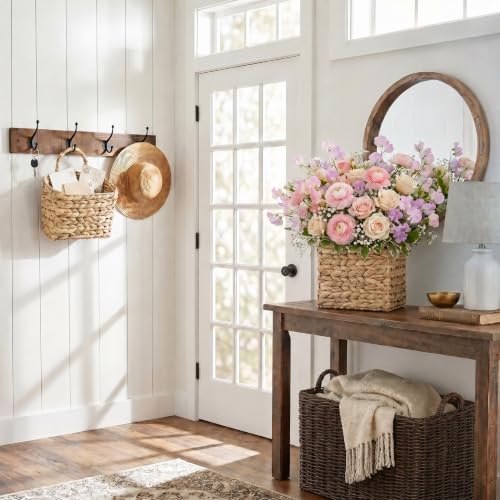 Set of 2 Wicker Wall Baskets for Hanging Storage, Handwoven Boho Wall Organizer, Decorative Wall Mounted Basket Set for Entryway, Mail, Keys, Plants, Flowers & Home Decor, Natural Water Hyacinth - Image 2