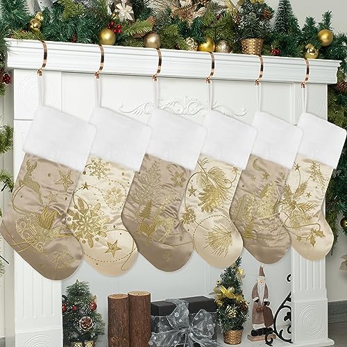 GEXWORLDWIDE GEX Christmas Stockings 6 Pack for Family 20" Large Gold Sequins Silk with Soft Faux Fur Embroidered Classic Fireplace Tree Decorations Hanging Ornament for Xmas Season Decor (Set of 6) - Image 2