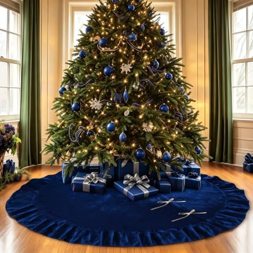 60 Inches Velvet Christmas Tree Skirt Decorations Blue Luxury Xmas Fur Plush Skirts for Merry Christmas Party Rustic Vintage Holiday Home Winter by QIJISTORM