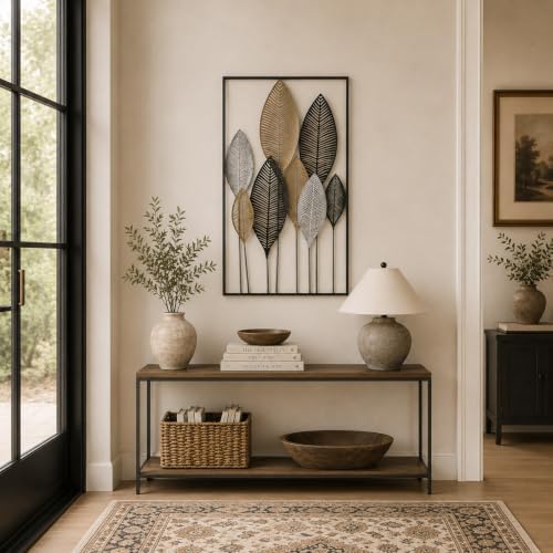 Deco 79 Metal Leaf Home Wall Decor Wall Sculpture with Black Frame, Wall Art 20" x 1" x 37", Bronze - Image 3