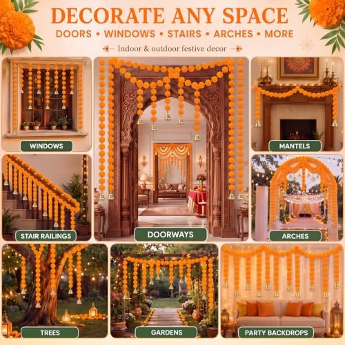 Suncalla 12 Pcs 4 Ft Marigold Garland Gold Bell,Orange - Image 6